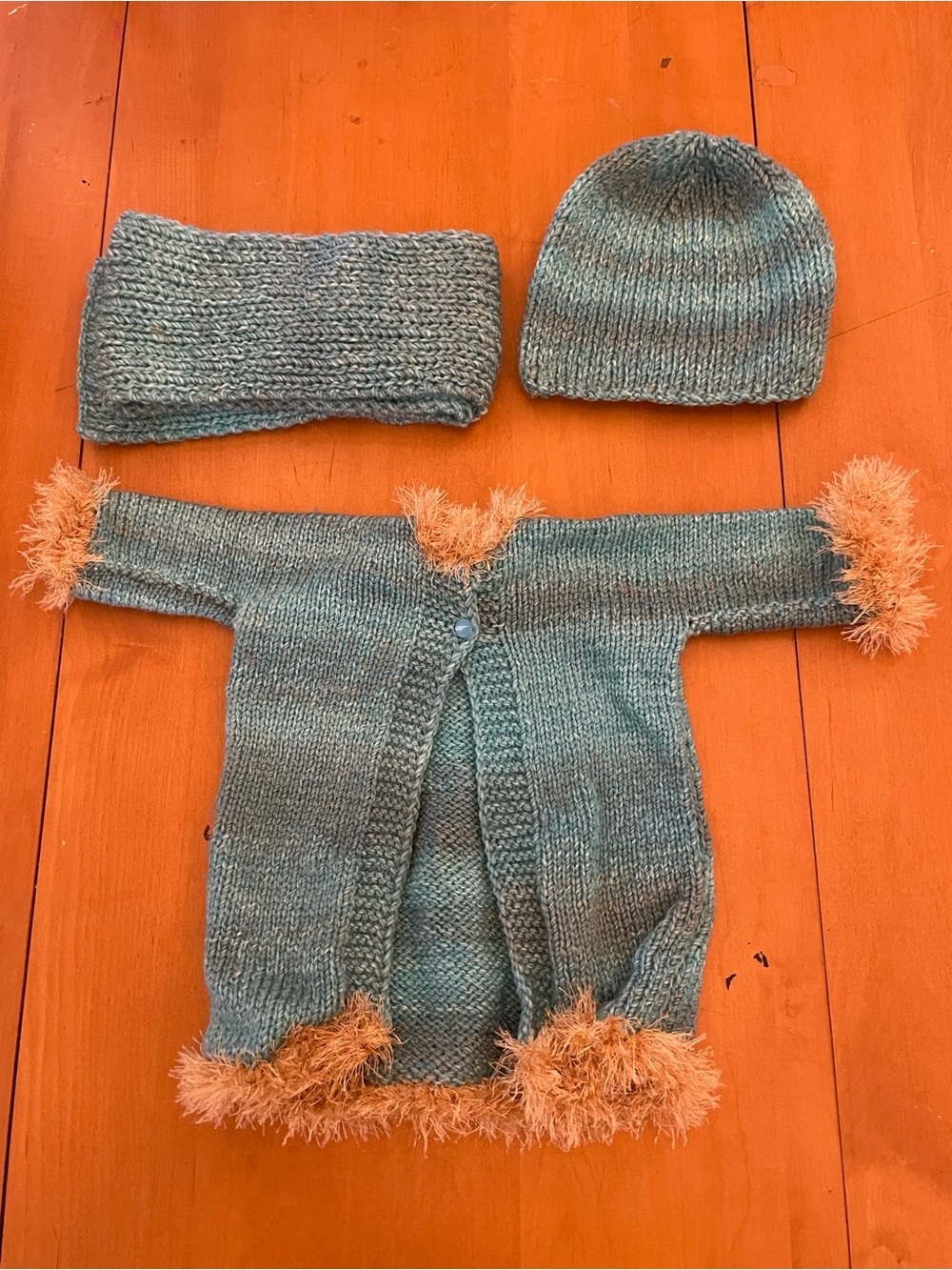 Handmade Teal Knit Baby Cardigan Set with Peach Trim